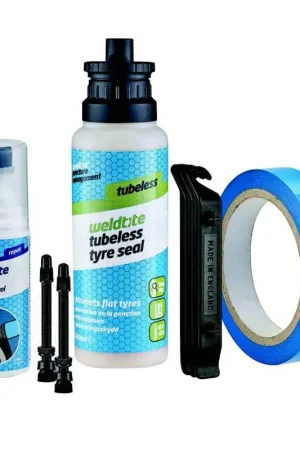 Gereduceerde Prijs Weldtite Tubeless ombouwset met preventief, 2 presta ventielen, plakband, bandenwisselaar, montagevloeistof - voor het ombouwen van 2 wielen 240ml - 55mm - 25mm