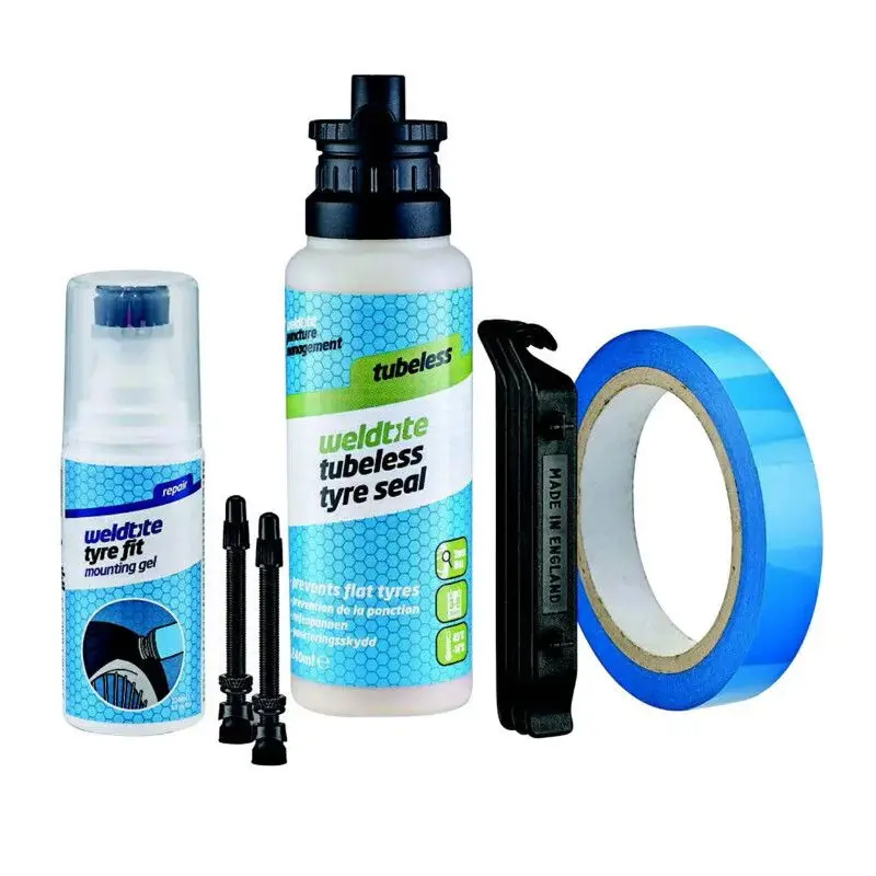 Gereduceerde Prijs Weldtite Tubeless ombouwset met preventief, 2 presta ventielen, plakband, bandenwisselaar, montagevloeistof - voor het ombouwen van 2 wielen 240ml - 55mm - 25mm
